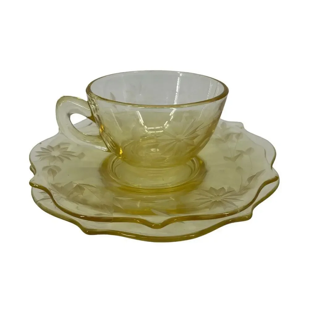 Vintage Lancaster Jubilee Depression Glass Set Flower Plates &‎ Teacup Yellow